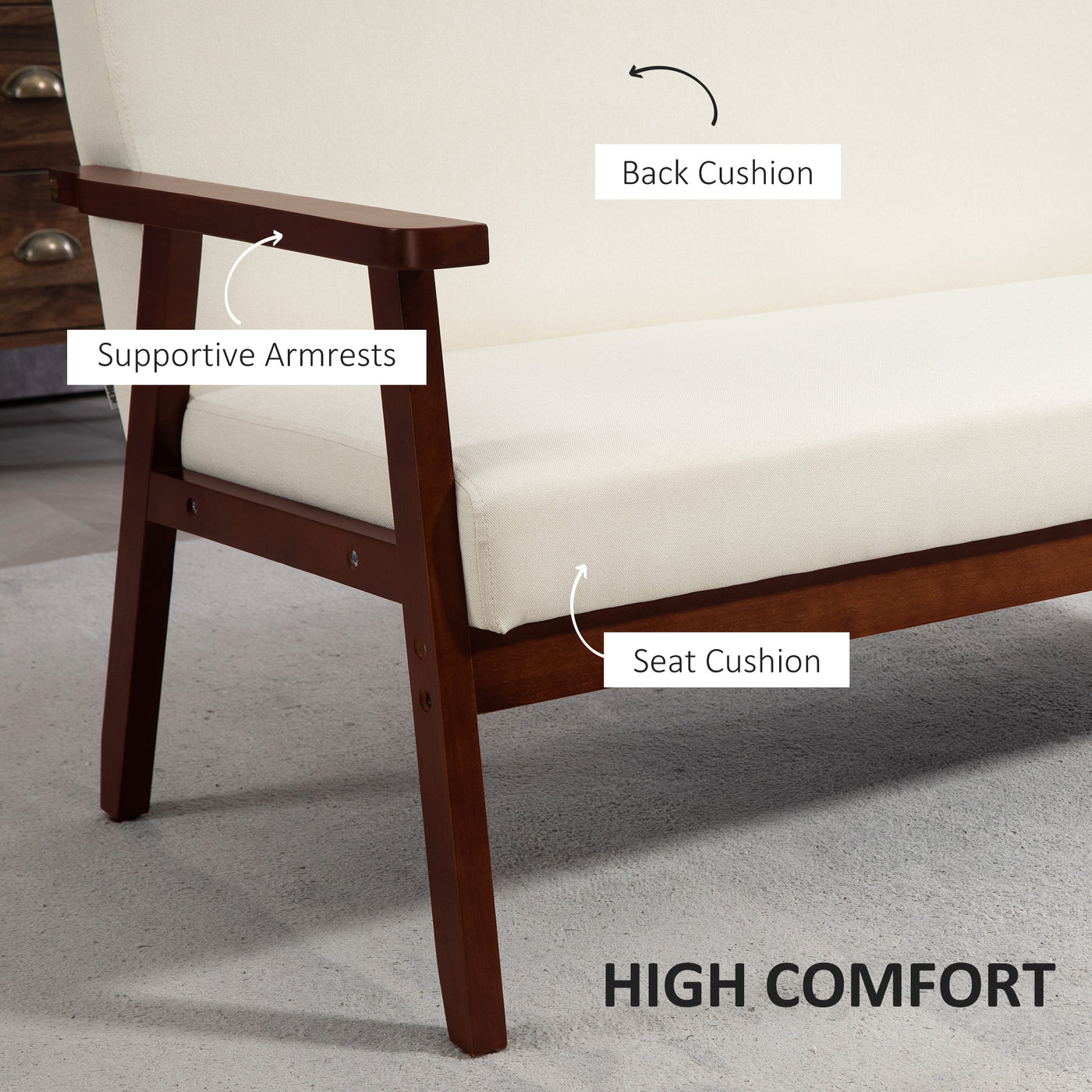 Compact Loveseat Sofa Couch Linen Fabric Double Seat Sofa with Rubber Wood Legs Cream White