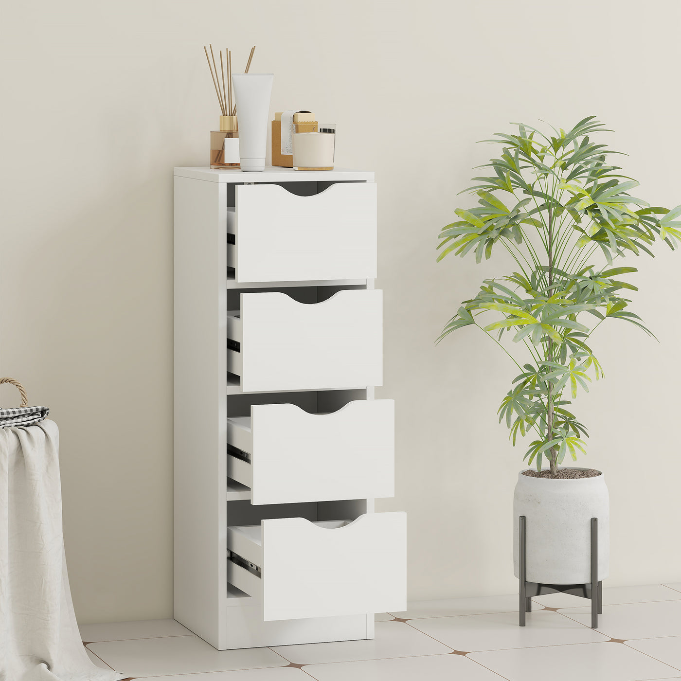 4-Drawer Bathroom Cabinet, Freestanding Narrow Storage Cabinet with Groove Handles for Small Spaces, White