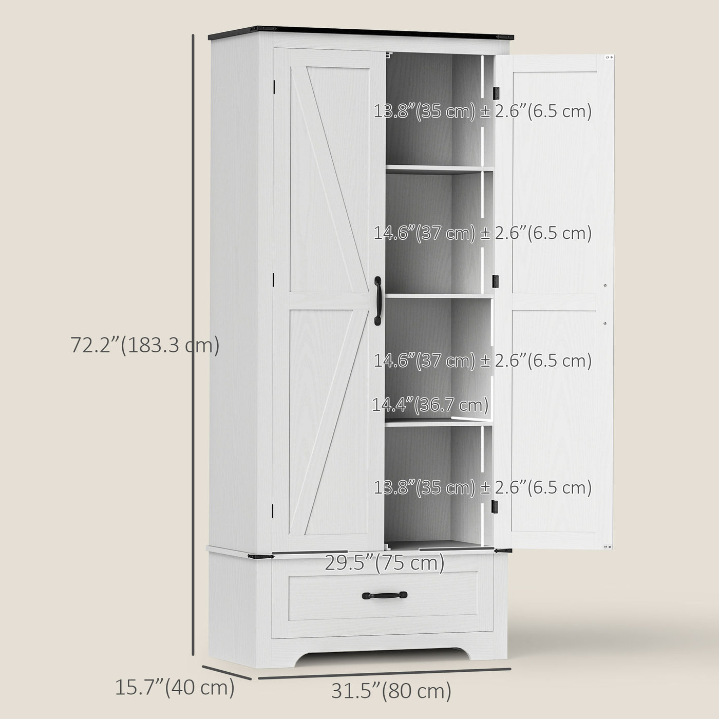 72" Farmhouse Pantry Cabinet with Adjustable Shelves, Kitchen Pantry Cabinet with 2 Doors, White Wood Grain