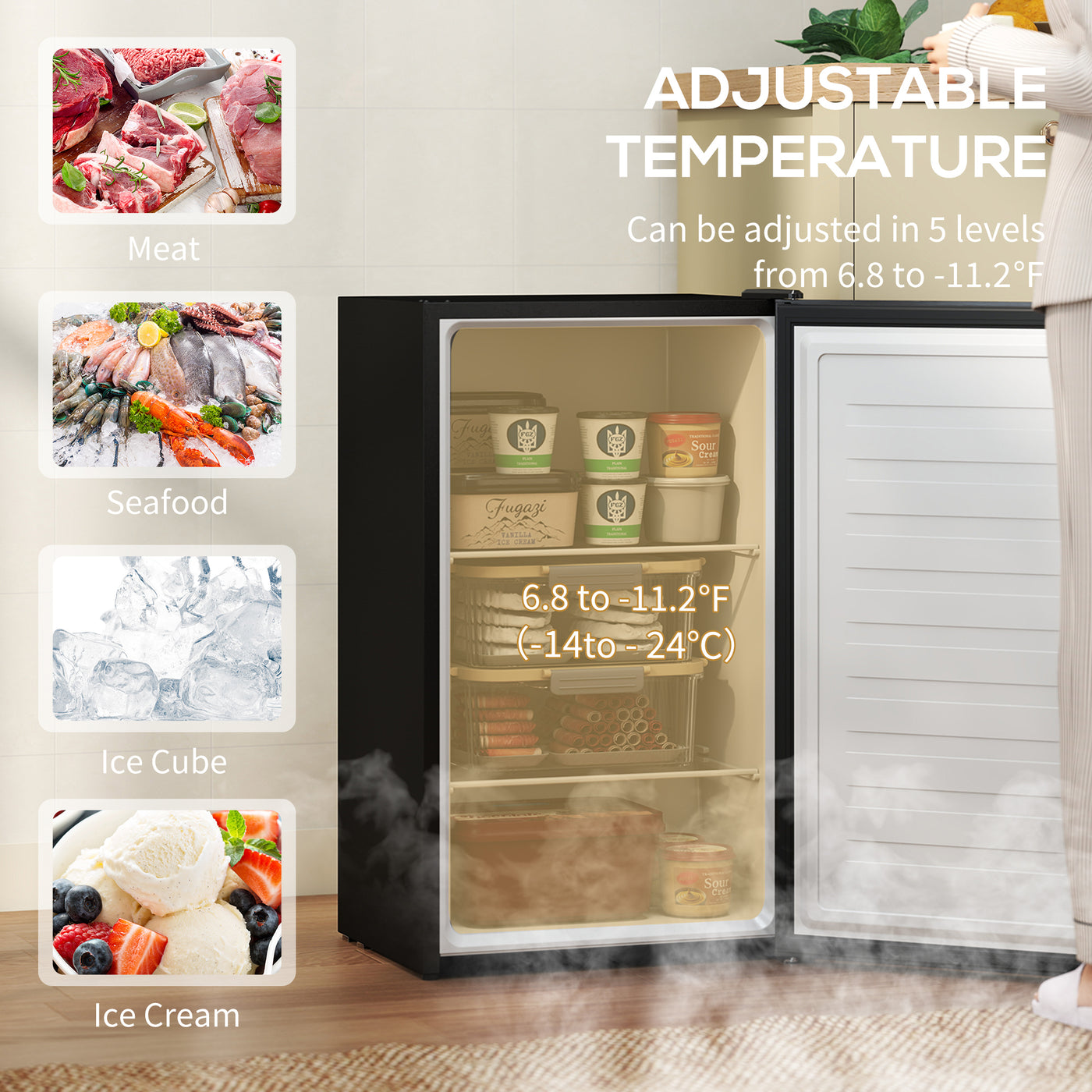 2.1 Cu. Ft. Mini Freezer, Compact Upright Freezer with Reversible Door, Removable Shelf, Adjustable Temperature, Black