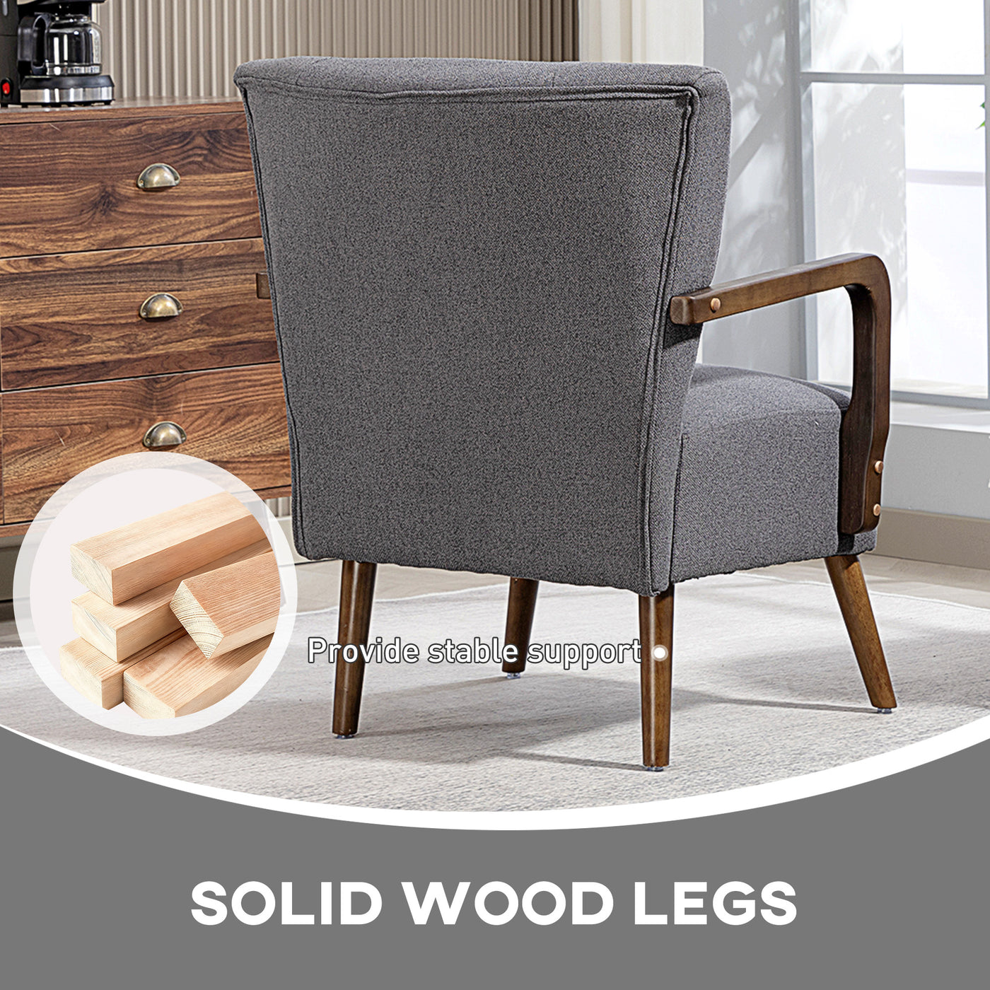 Accent Chair with Wooden Legs, Linen Fabric Armchair with Thick Padding, Comfy Chair for Living Room, Dark Grey