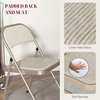 Set of 6 Metal Foldable Chairs, Faux Linen Padded Folding Chairs with Cushion Seat and Open Back for Indoor, Beige
