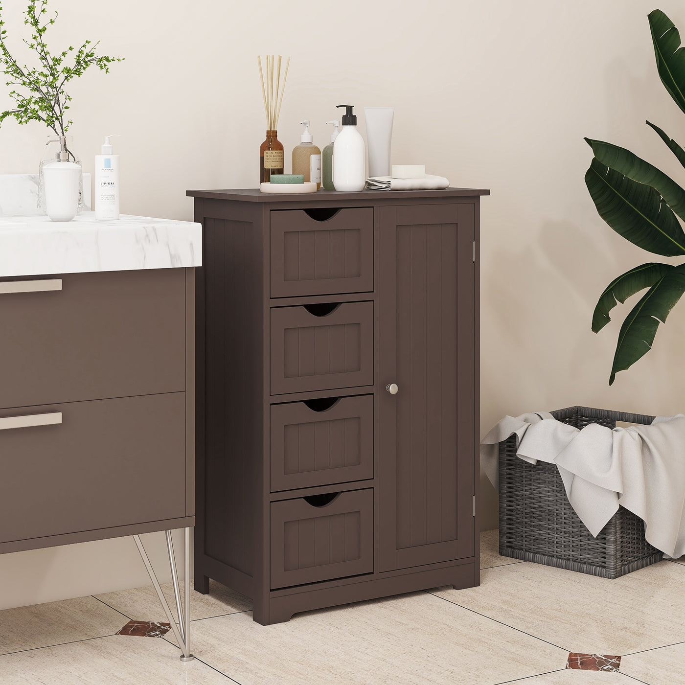 Bathroom Storage Cabinet, Floor Cabinet with Adjustable Shelf and 4 Drawers, Side Cabinet for Washroom, Brown