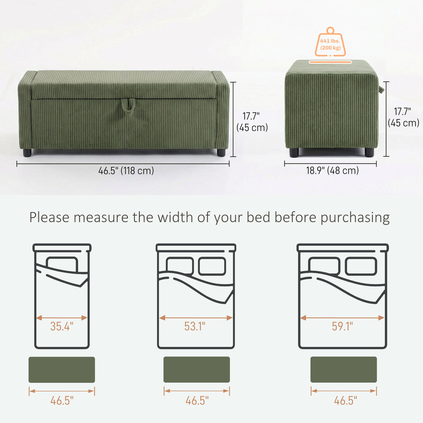 Storage Ottoman, Upholstered Corduroy End of Bed Bench with Thick Padding, Storage Bench for Bedroom, Dark Green