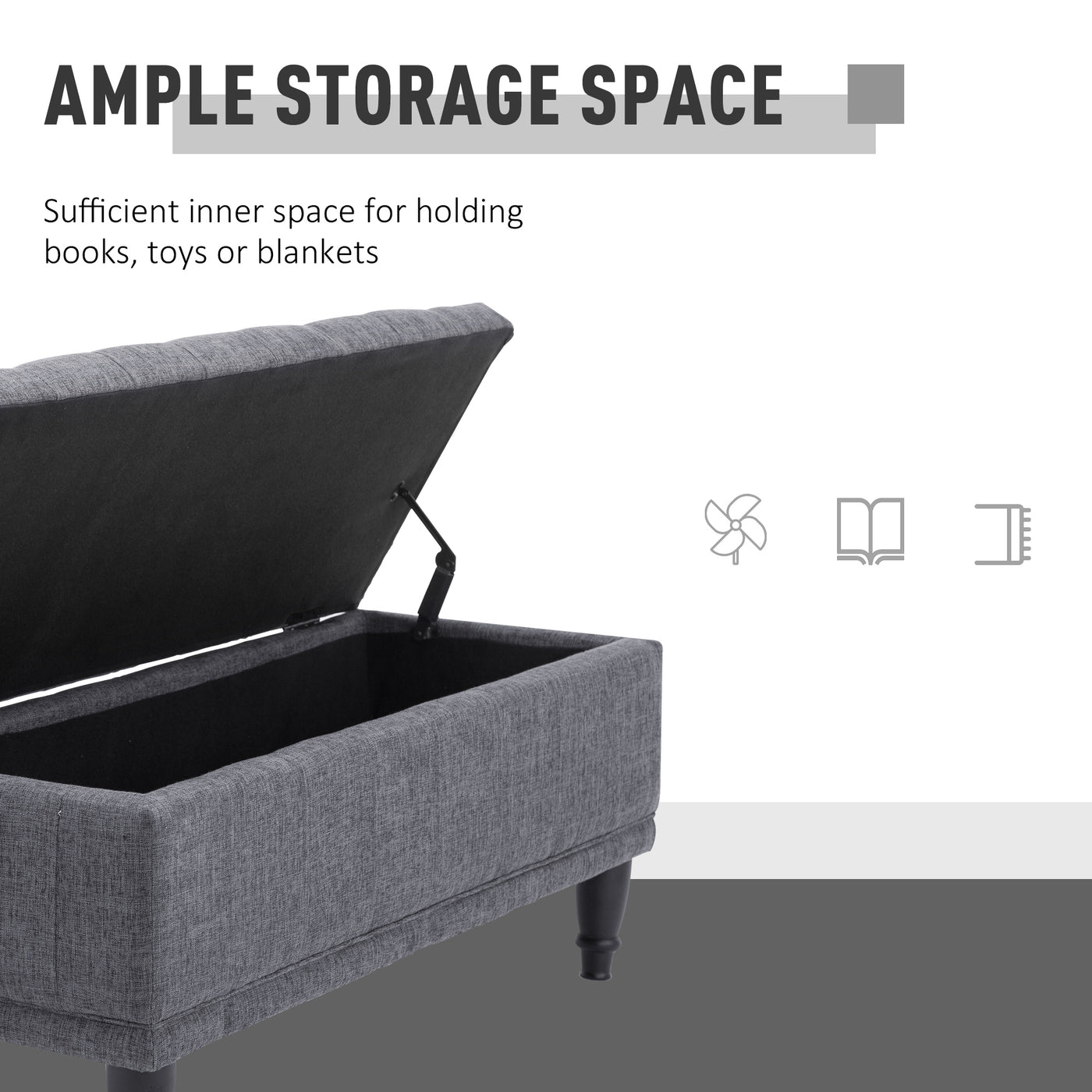 Storage Ottoman, Linen Fabric End of Bed Bench with Soft Close Lid, Button Tufted Storage Bench for Living Room, Entryway or Bedroom, 42" x 17" x 19", Grey