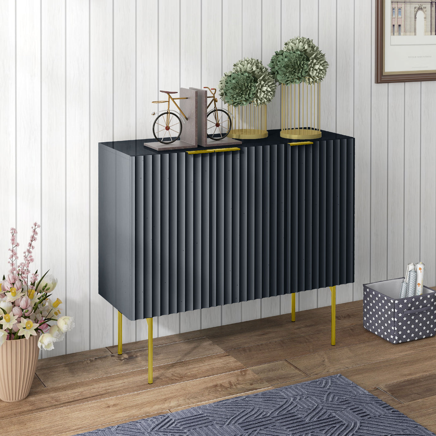 Modern Storage Cabinet Sideboard Buffet Cabinet with Gold Legs for Living Room Dining Room Hallway Black