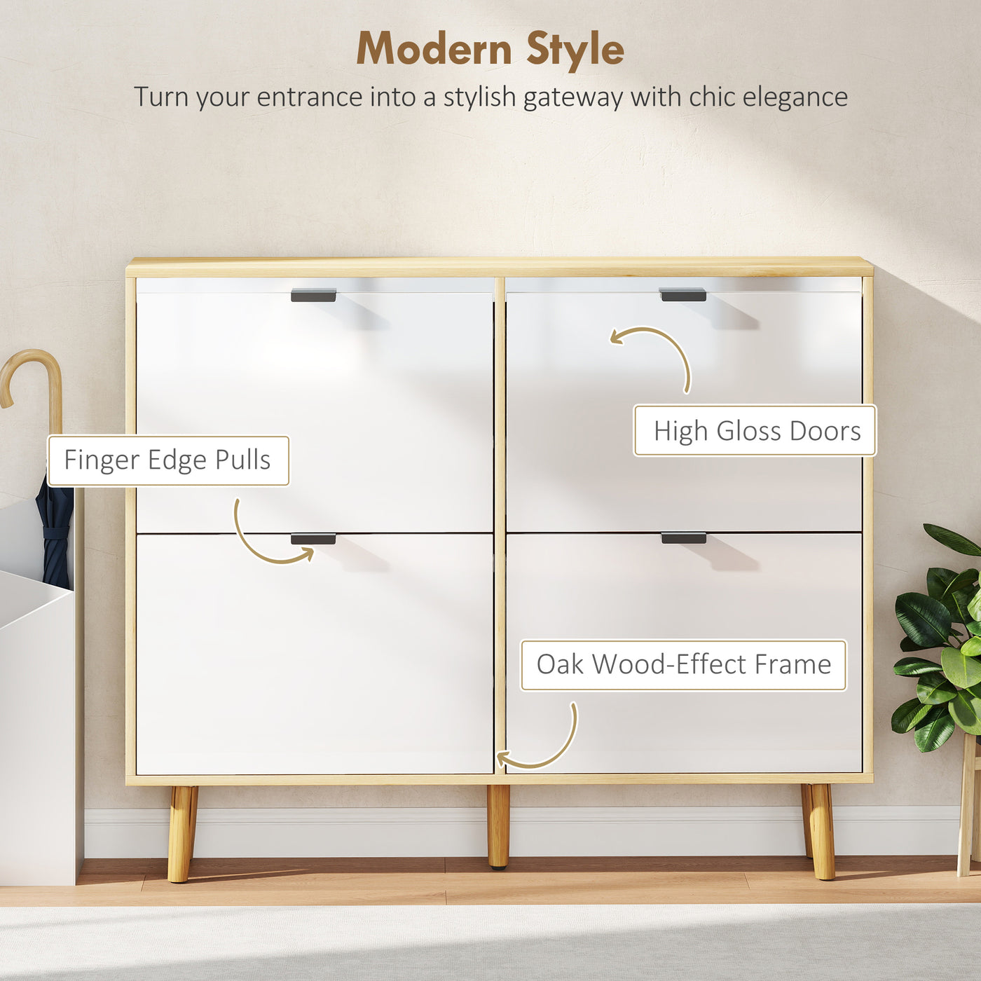 Narrow Shoe Cabinet, High Gloss Shoe Storage Cabinet with 4 Flip Drawers and Adjustable Shelves, Holds 20 Pairs, White