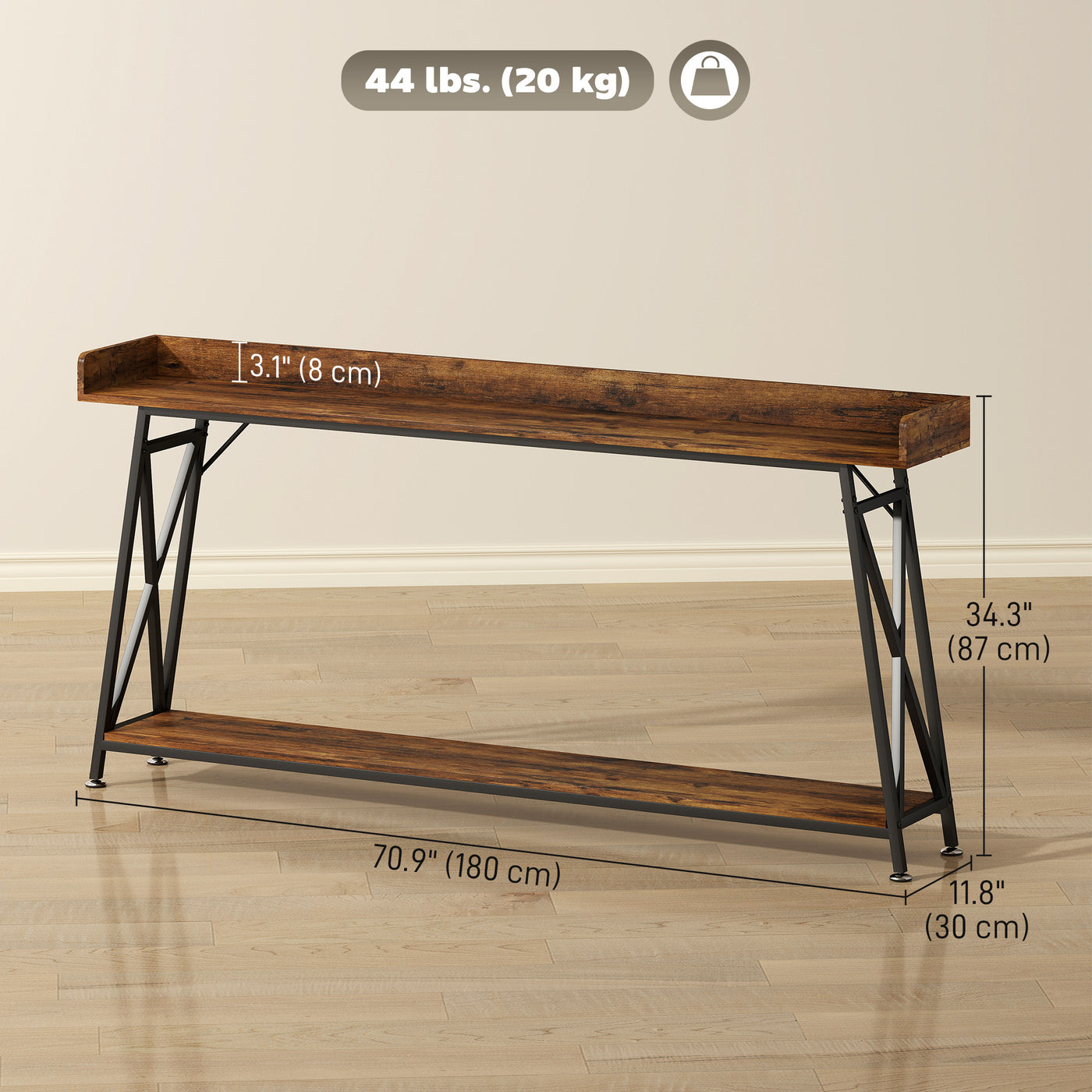 71" Extra Long Console Table with Storage Shelf and Guardrails, Industrial Entryway Table for Living Room, Rustic Brown