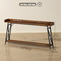71" Extra Long Console Table with Storage Shelf and Guardrails, Industrial Entryway Table for Living Room, Rustic Brown