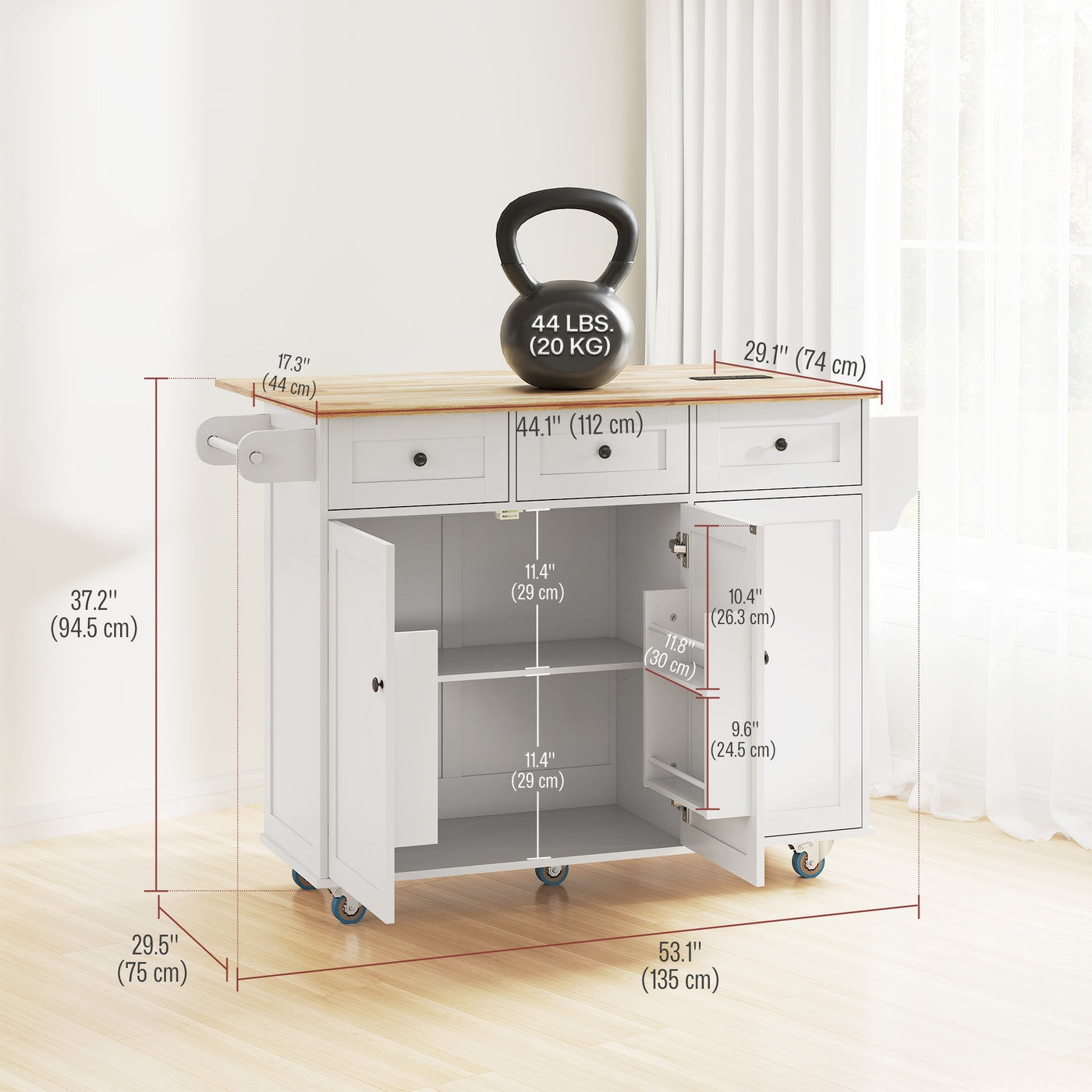 Kitchen Island on Wheels with Drop Leaf, Charging Station, Rolling Kitchen Cart with Wood Top, Adjustable Shelf, White