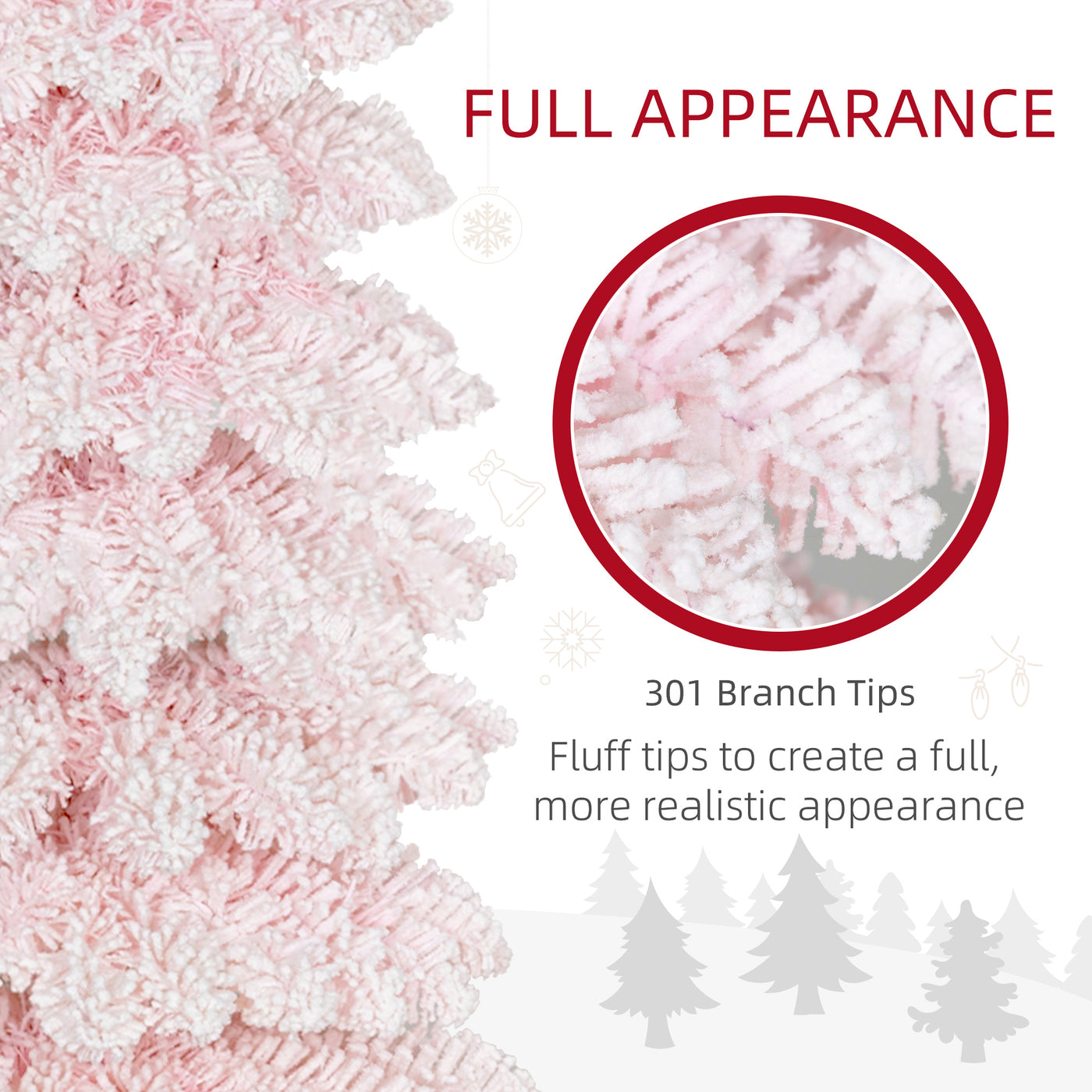 5ft Snow-Flocked Artificial Christmas Tree, Slim Pencil Xmas Tree with 301 Realistic Branches, Metal Base, Pink