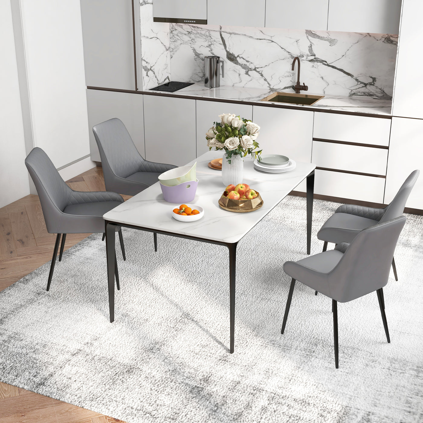 Upholstered Kitchen Chairs, Modern Dining Chairs Set of 4 with Diamond Tufting and Steel Legs for Dining Room, Grey