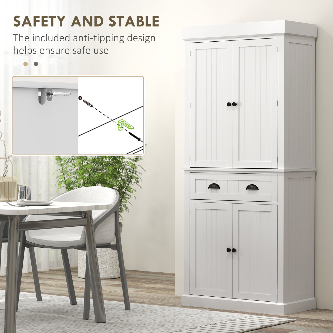 71" Kitchen Pantry Cabinet with LED Lights, 6 Spice Racks, a Drawer and 4 Adjustable Shelves, White