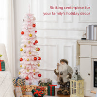5ft Snow-Flocked Artificial Christmas Tree, Slim Pencil Xmas Tree with 301 Realistic Branches, Metal Base, Pink