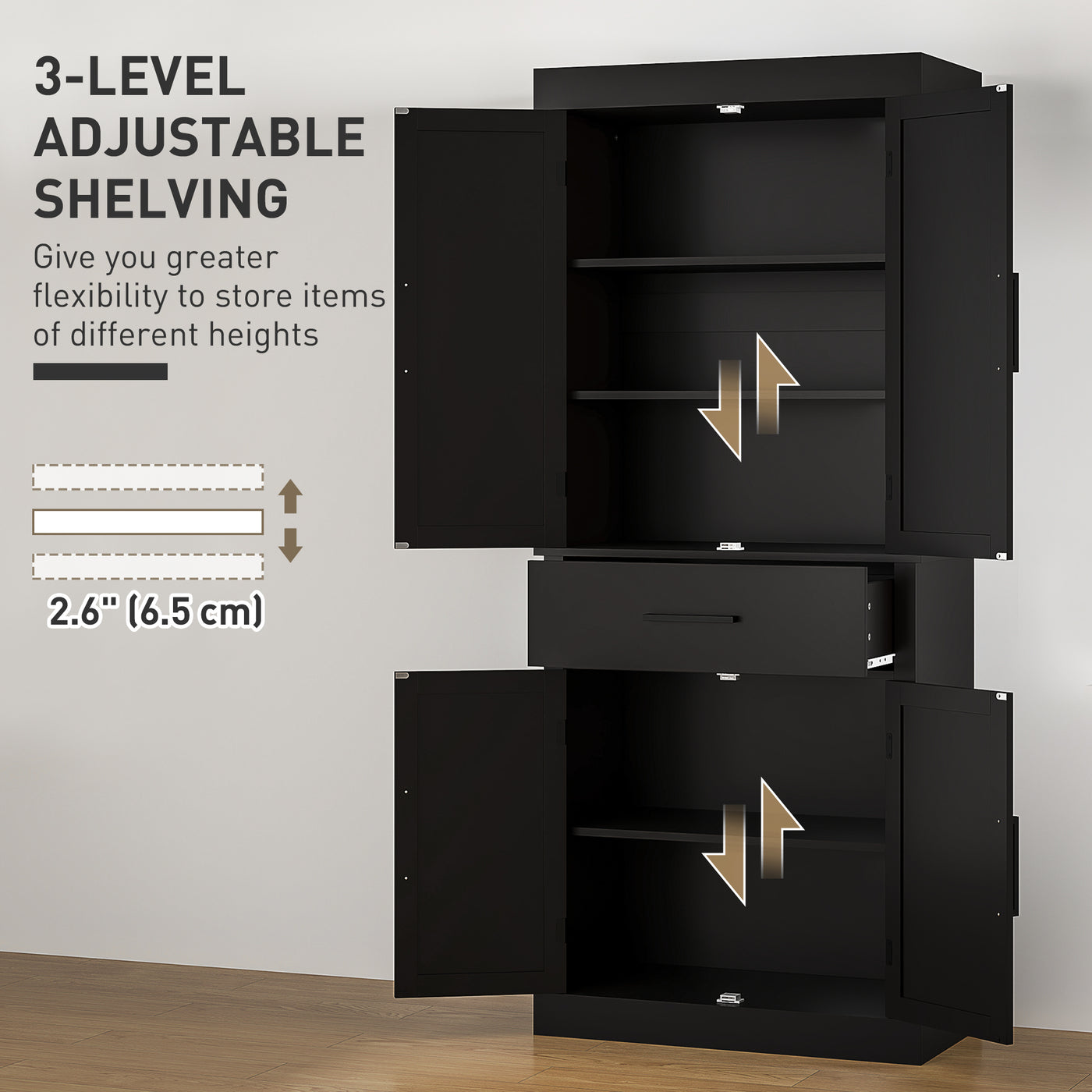72" Kitchen Storage Cabinet, Farmhouse Kitchen Pantry Cabinet with 4 Barn Doors, Drawer, Adjustable Shelves, Black