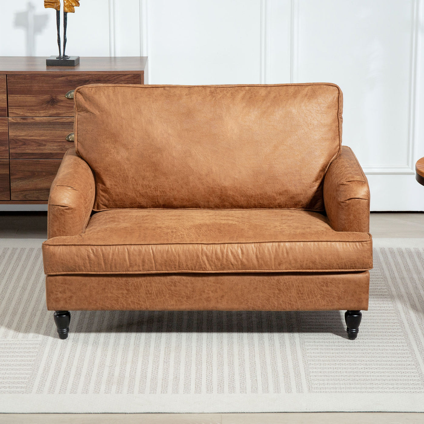 Modern Accent Chair, Leathaire Armchair with Turned Legs and Wide Seat, Comfy Chair for Living Room, Brown