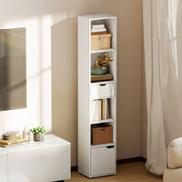 6-Tier Bookcase, Tall Narrow Bookshelf with Drawer and Door, White