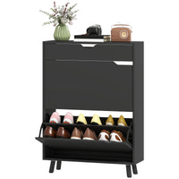 Narrow Shoe Cabinet for Entryway with 2 Flip Drawers, Top Drawer and Adjustable Shelves for 12 Pairs of Shoes, Black