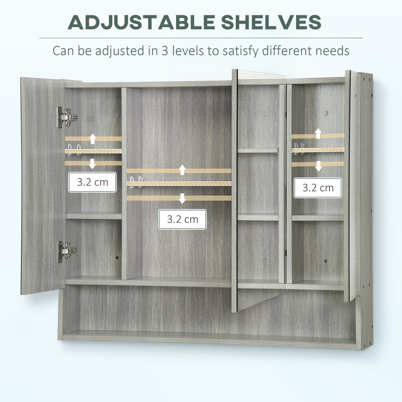 Wall Mounted Bathroom Medicine Cabinet with Mirror and Adjustable Shelves, Grey