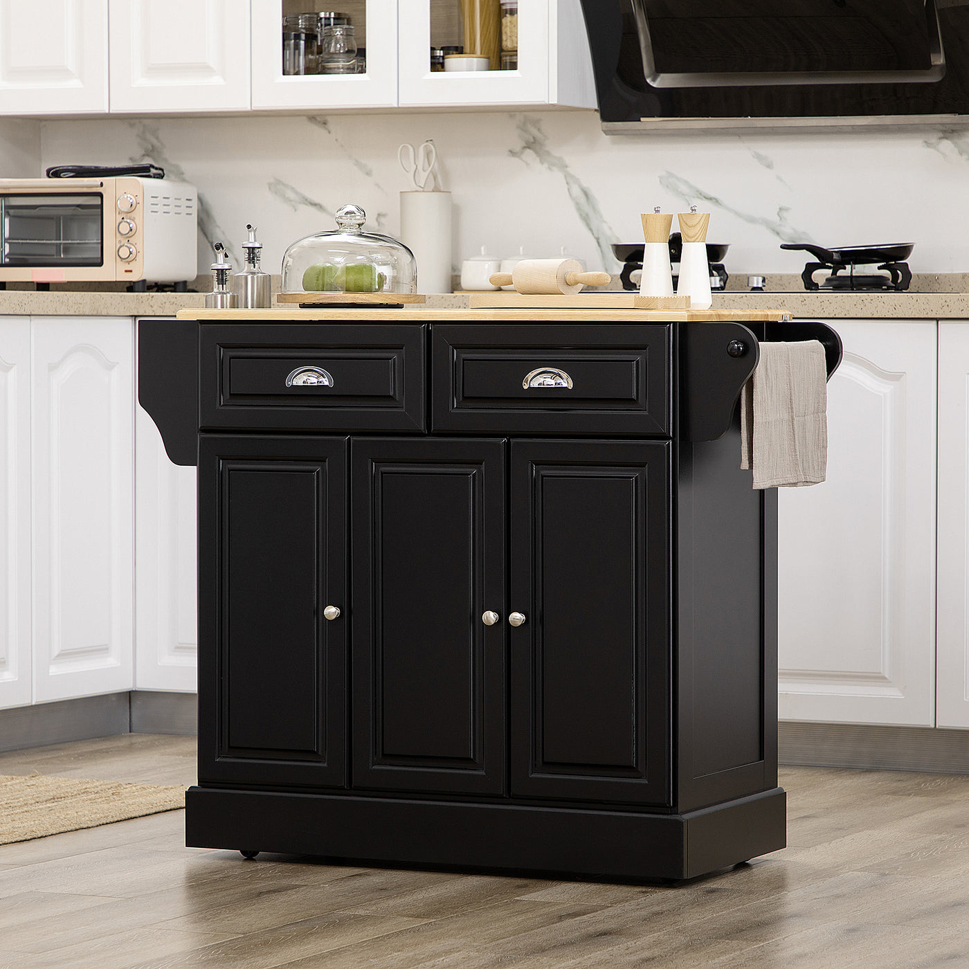Kitchen Island with Storage Rolling Kitchen Serving Cart with Rubber Wood Top Towel Rack Storage Drawer Cabinet, Black