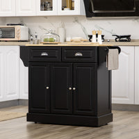 Kitchen Island with Storage Rolling Kitchen Serving Cart with Rubber Wood Top Towel Rack Storage Drawer Cabinet, Black