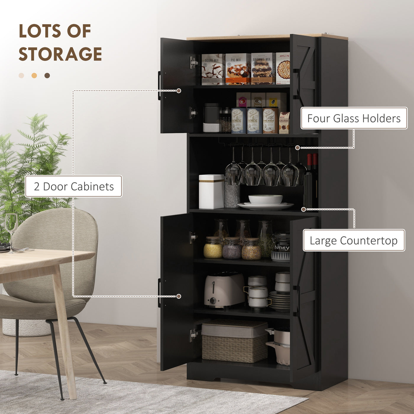 Farmhouse Kitchen Pantry, 68" Freestanding Hutch Storage Cabinet with Microwave Oven Countertop, Black
