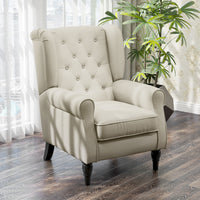Fabric Accent Chair, Button Tufted Armchair, Upholstered Modern Living Room Chair, Wingback Chair with Wood Legs, Rolled Arms, Thick Padding for Bedroom, White