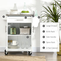 Kitchen Island with Stainless Steel Top, Rolling Kitchen Cart on Wheels with Storage Drawer, Cabinet, Towel Rack and Spice Rack (White)