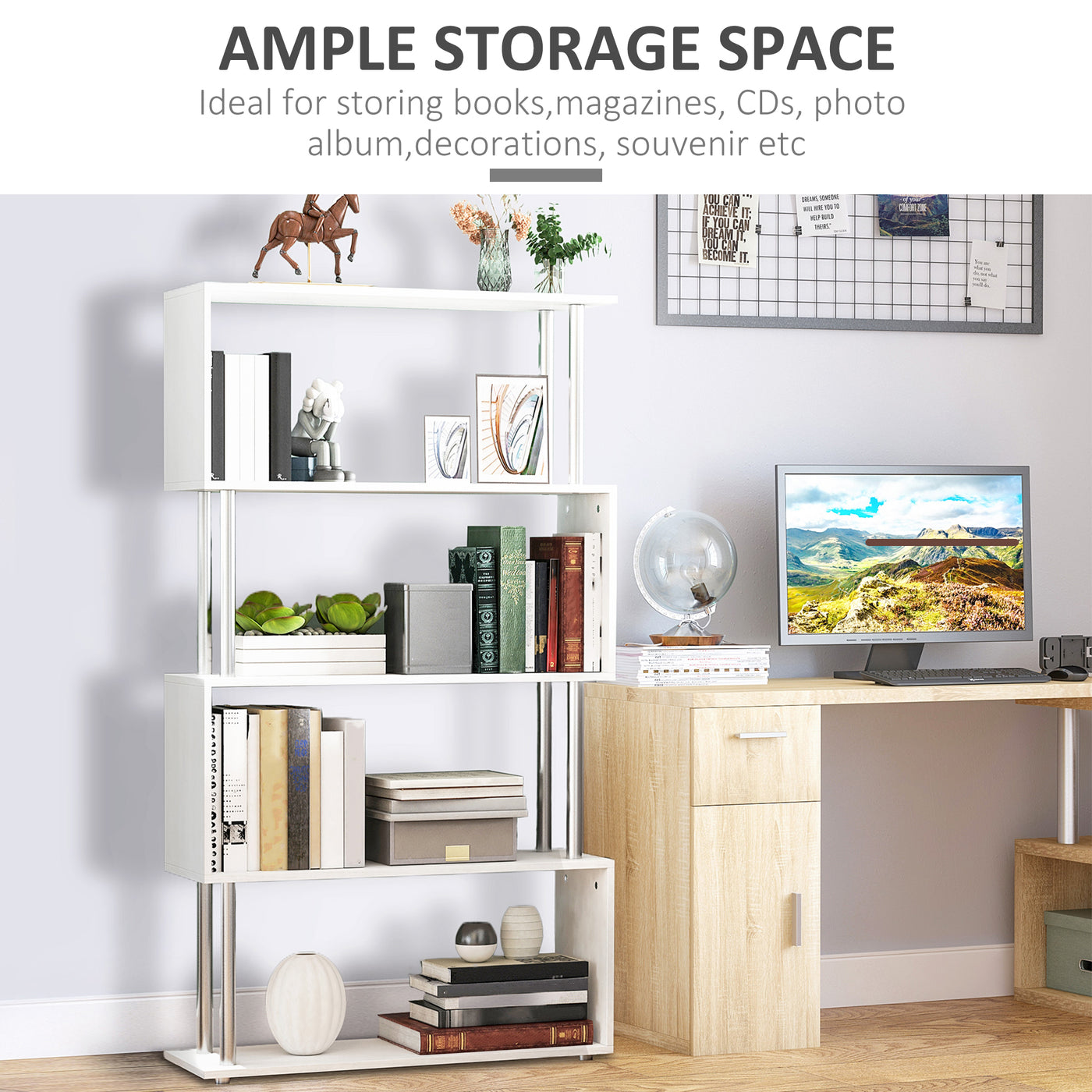 5-Tiers Geometric Wooden Bookcase S-Shaped Storage Bookshelf Display with Metal Frame for Living Room, Bedroom, Home Office, White
