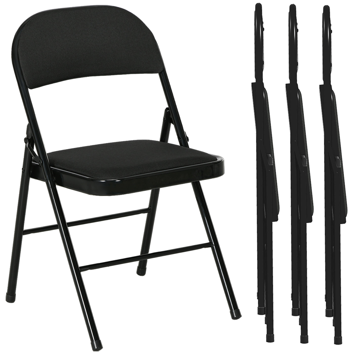 Set of 4 Metal Foldable Chairs, Faux Linen Padded Folding Chairs with Cushion Seat and Open Back for Indoor, Black