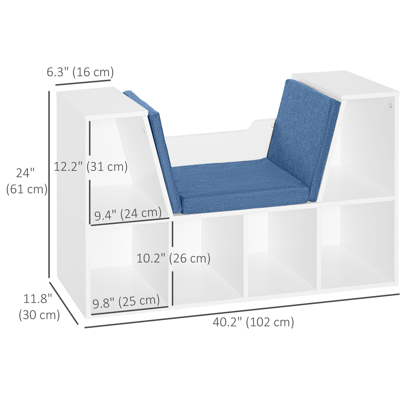 6-Cubby Bookcase with Seat Cushion, Cube Storage Shelf with Reading Nook for Home Office, Study, Blue