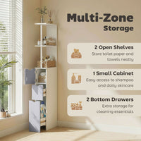 Tall Bathroom Storage Cabinet, Narrow Bathroom Cabinet with Drawers and Open Shelves for Small Spaces, White and Grey