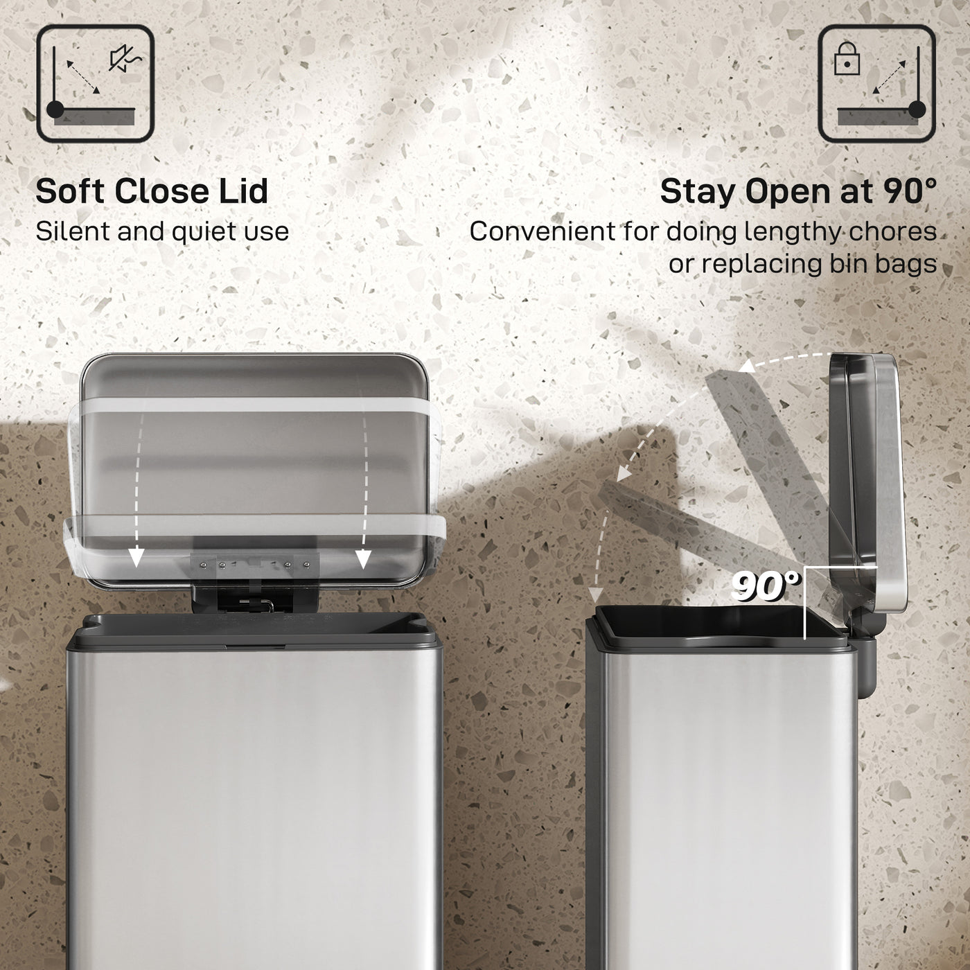Garbage Bin, Soft-Close Trash Can with Foot Pedal, 5 Gallon (20 L) Garbage Can with Removable Inner Bucket, Silver