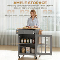 Rolling Kitchen Cart with Drawer and Glass Door Cabinet, Kitchen Island on Wheels with Towel Rack, Dark Grey