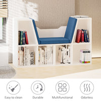 6-Cubby Bookcase with Seat Cushion, Cube Storage Shelf with Reading Nook for Home Office, Study, Blue