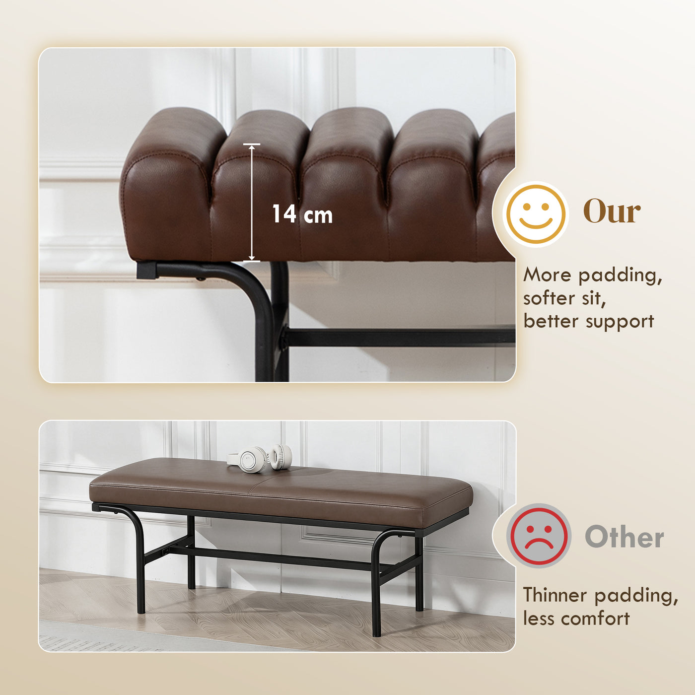 Bedroom Bench PU Leather End of Bed Bench with Cylindrical Seat and Metal Legs for Bedroom Living Room Hallway Brown