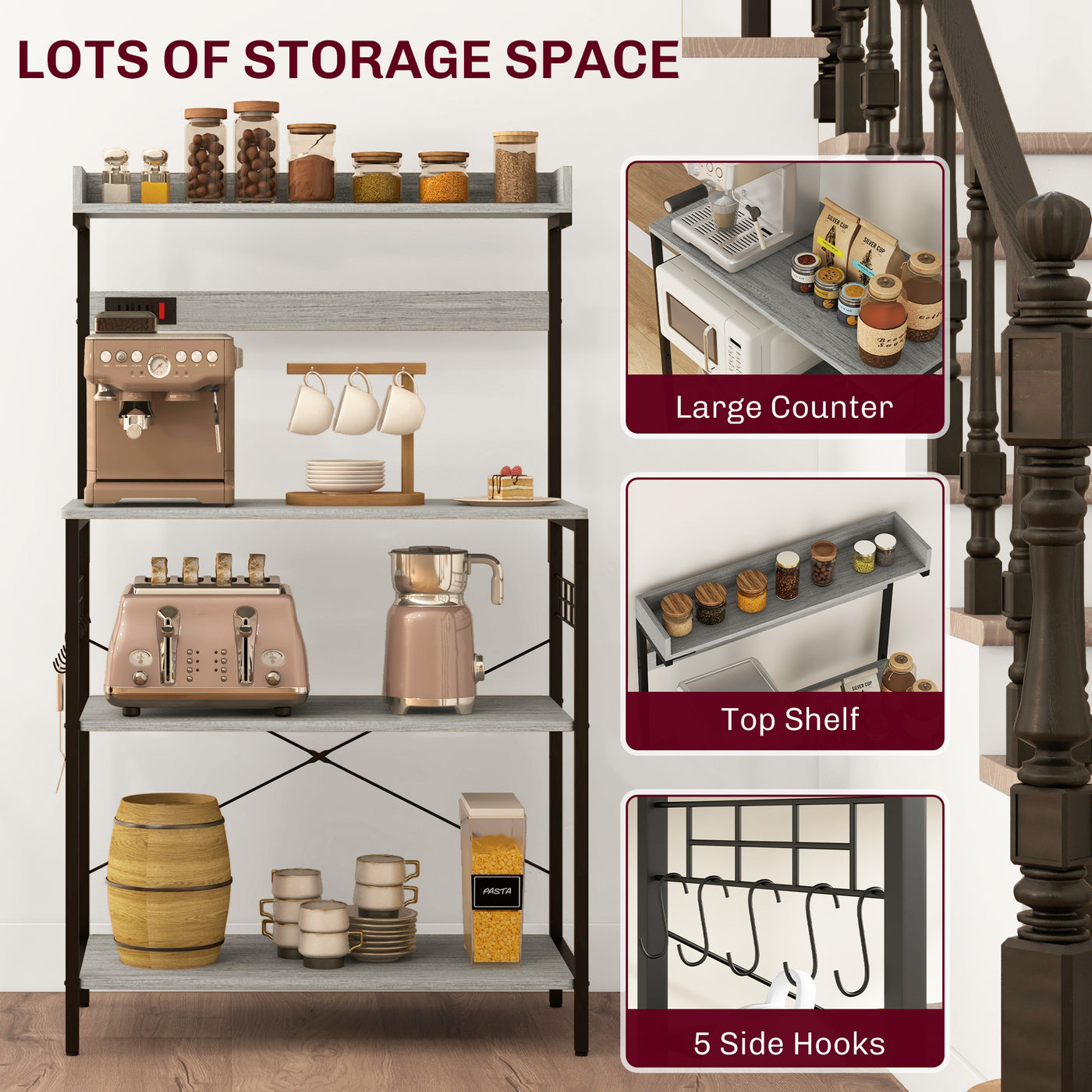 Kitchen Baker's Rack with Power Outlet, Coffee Bar Station with Adjustable Shelves and Hooks, Distressed Grey