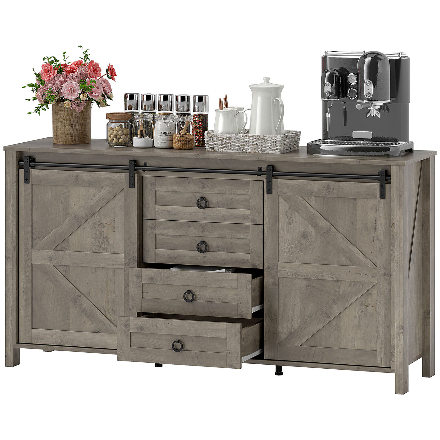 60" Buffet Cabinet, Farmhouse Sideboard with Sliding Barn Doors, Drawers and Adjustable Shelves, Distressed Light Grey