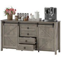 60" Buffet Cabinet, Farmhouse Sideboard with Sliding Barn Doors, Drawers and Adjustable Shelves, Distressed Light Grey