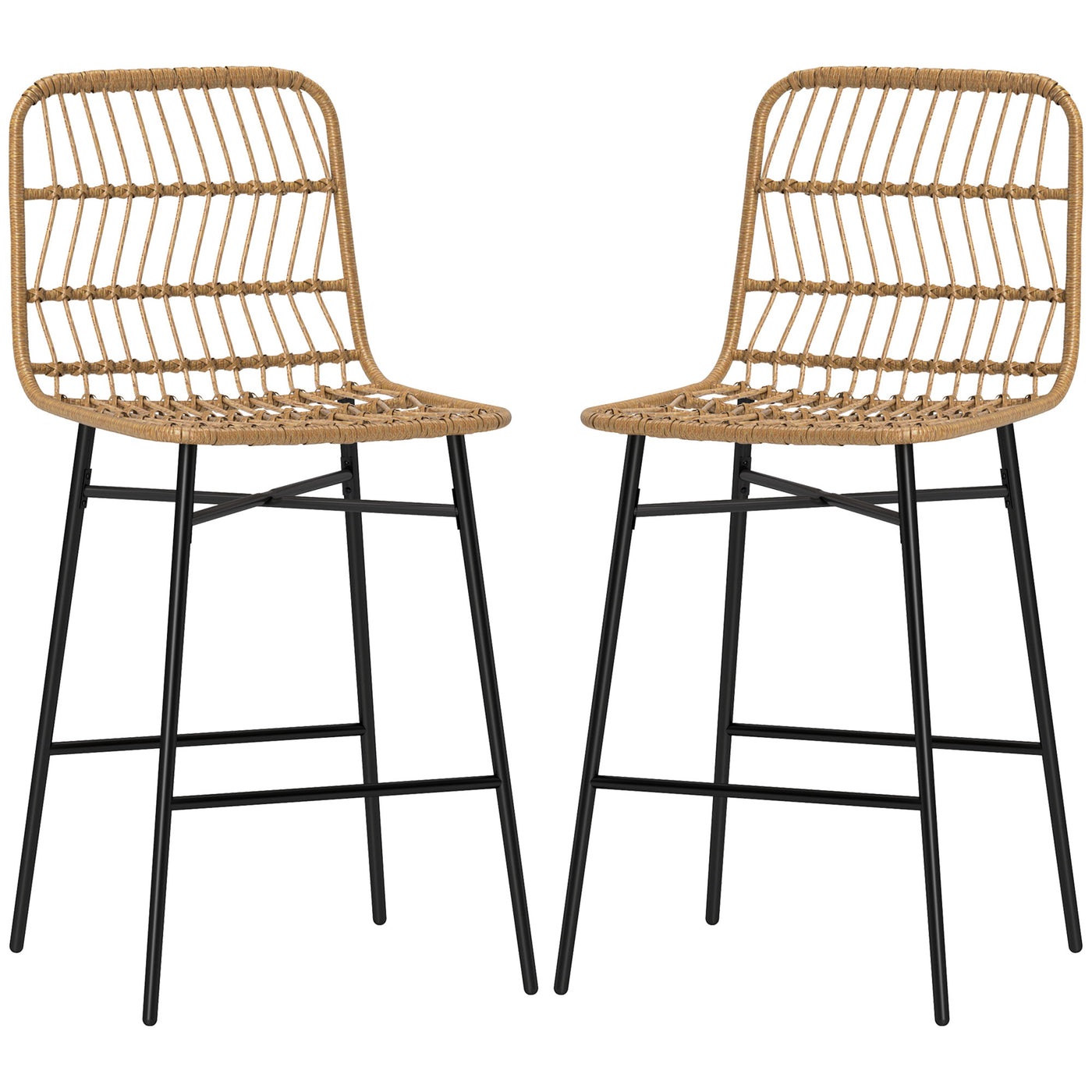 Rattan Counter Height Bar Stools Set of 2, 26" Counter Stools with Back, Modern Bar Chairs for Kitchen Island, Brown