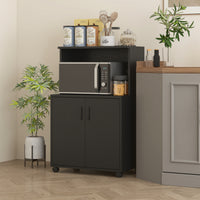Microwave Cart on Wheels Utility Trolley Storage Sideboard Bookcase with 2-door Cabinet, Black Wood Grain