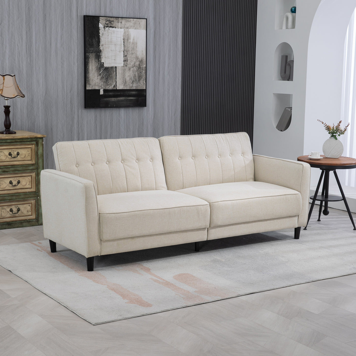 Convertible Bed with Couch, Button Tufted Fabric Sofa Bed with Adjustable Back for Living Room, Beige