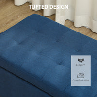 Rectangular Entry Bench, Tufted Upholstered Linen Fabric Wood Feet Storage Ottoman Bench, Blue