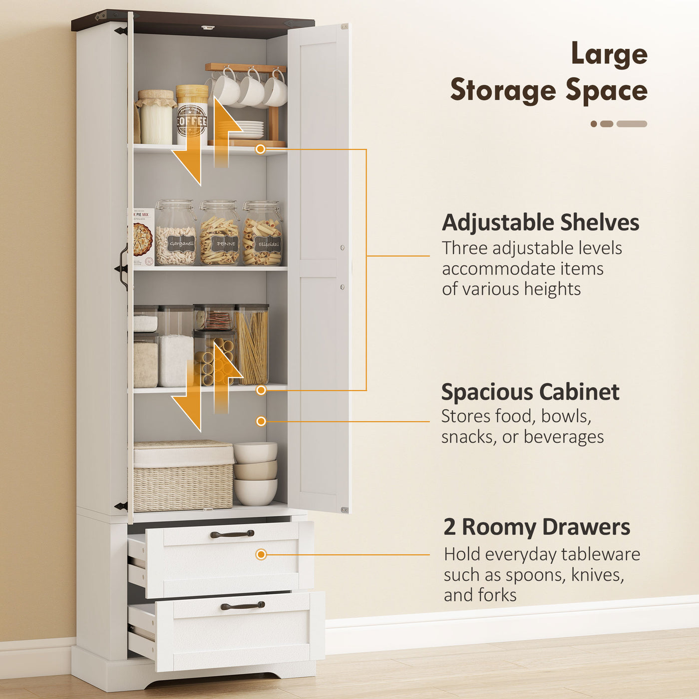 71" Tall Kitchen Pantry Cabinet, Farmhouse Kitchen Storage Cabinet with 2 Drawer and Adjustable Shelves, White