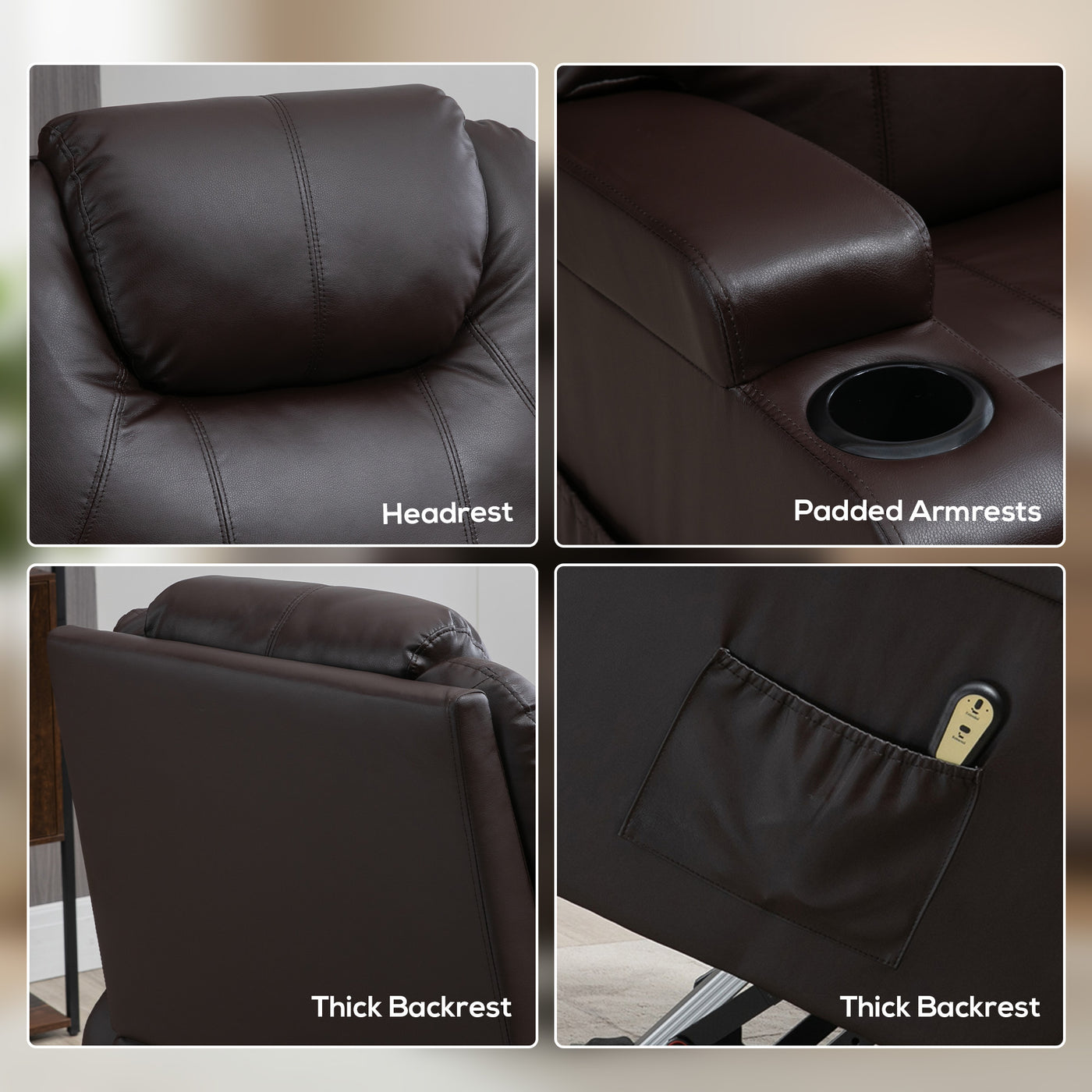 Power Lift Recliner Chair for Elderly, PU Leather Lift Chair with Thick and High Back, Footrest, Remote, Side Pockets, Cup Holders, Reclining Sofa for Living Room, Brown
