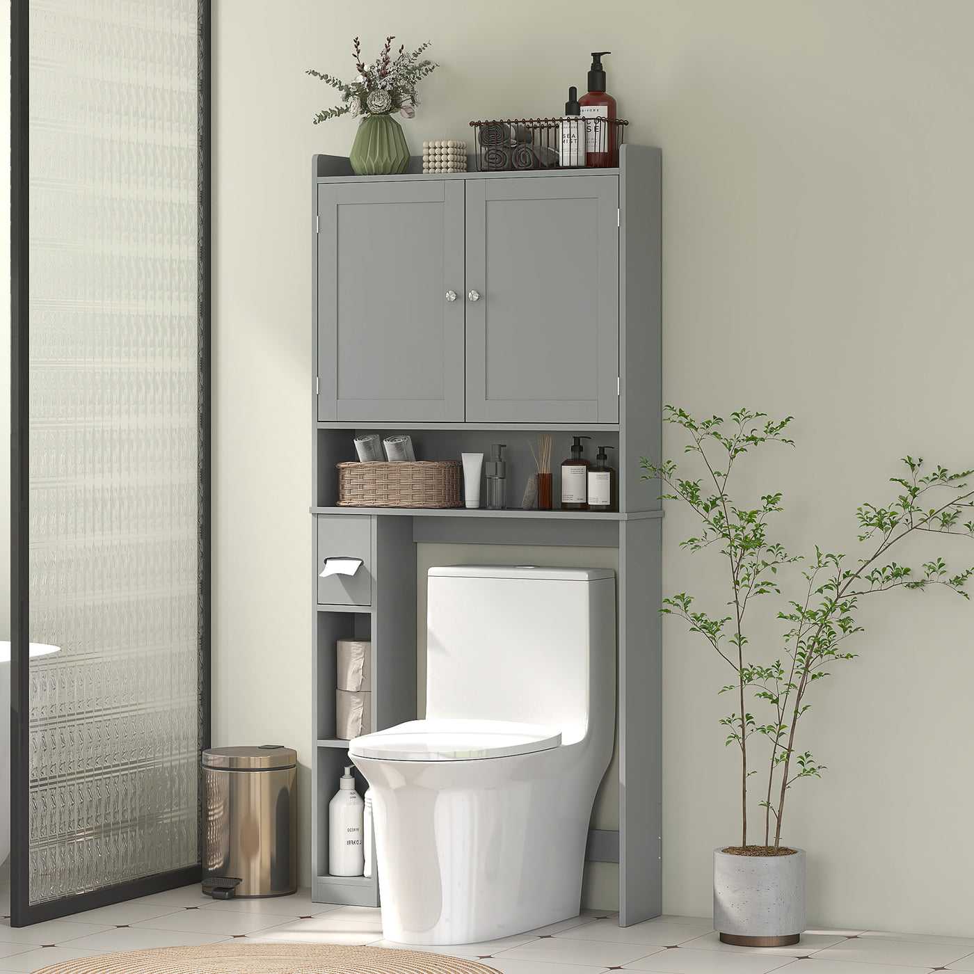 Modern Over the Toilet Storage Cabinet with 2 Doors, Above Commode Storage Cabinet with Toilet Paper Holder, Grey