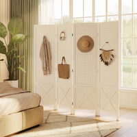 56.9" 4 Panel Wooden Room Divider with Pegboard Display, Folding Privacy Screen for Home Office, White