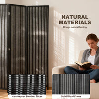 Folding Privacy Screen, 3 Panel Room Divider, Freestanding Partition with Handwoven Bamboo and Pine Wood Frame, Black