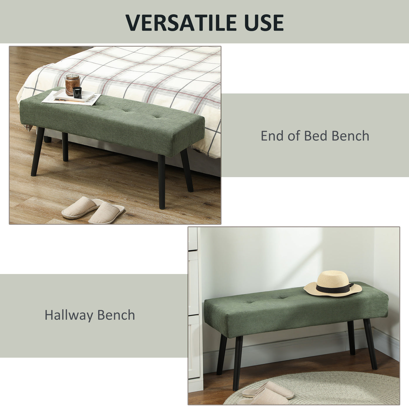 39" Upholstered Ottoman Bench, Corduroy Entryway Bedroom Bench with Padded Seat and Steel Legs for Bedroom, Green