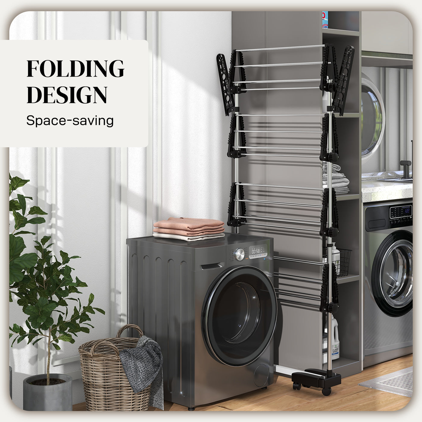 Garment Drying Rack Stainless Steel Folding Clothes Hanging Rack with Side Wings Castors for Indoor Outdoor Black